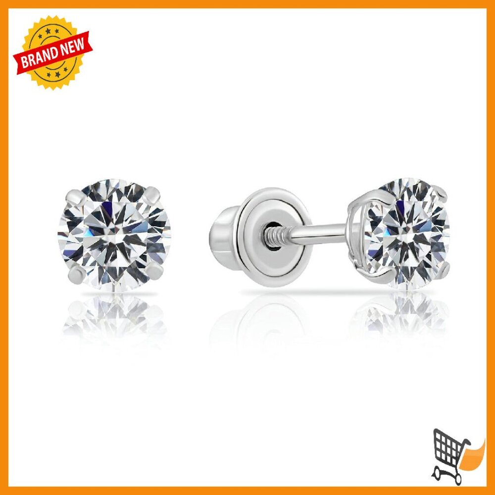 14k White Gold 4mm Cz Stud Earrings Screw Back Secure